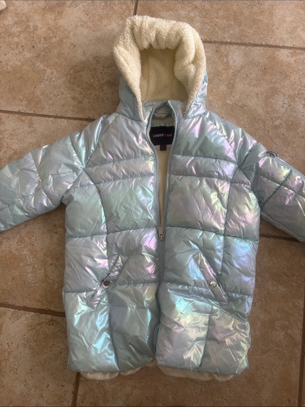 Limited Too girls 14/16 Iridescent Light Blue Kids Puffer Jacket w/Sherpa Hood